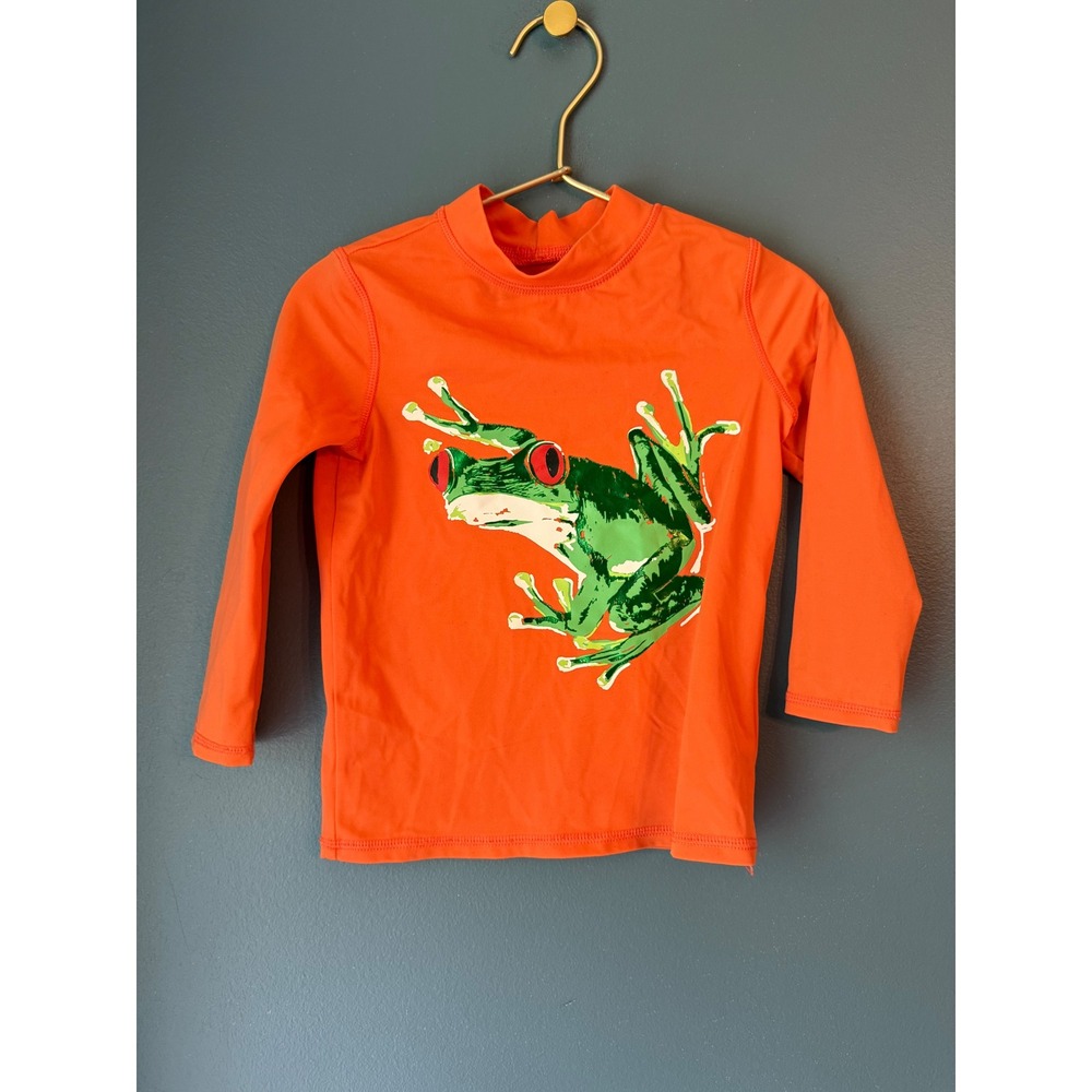 Lands End Toddler Boys Orange Frog Graphic Long Sleeve Rash Guard Swim Shirt 2T